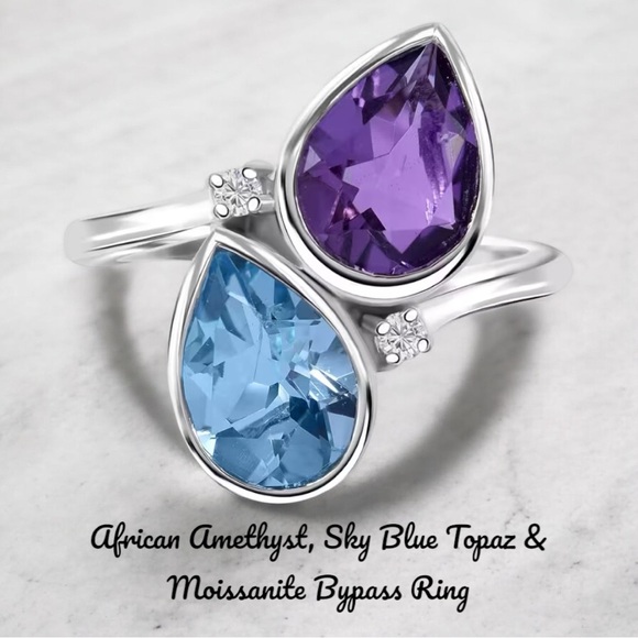 African AmethystSky Blue Topaz & Moissanite 5.10ctw Bypass Sterling Silver Ring